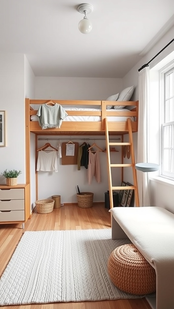 A cozy loft bed room featuring a wooden loft bed, a bench, and storage baskets, designed for guest use.