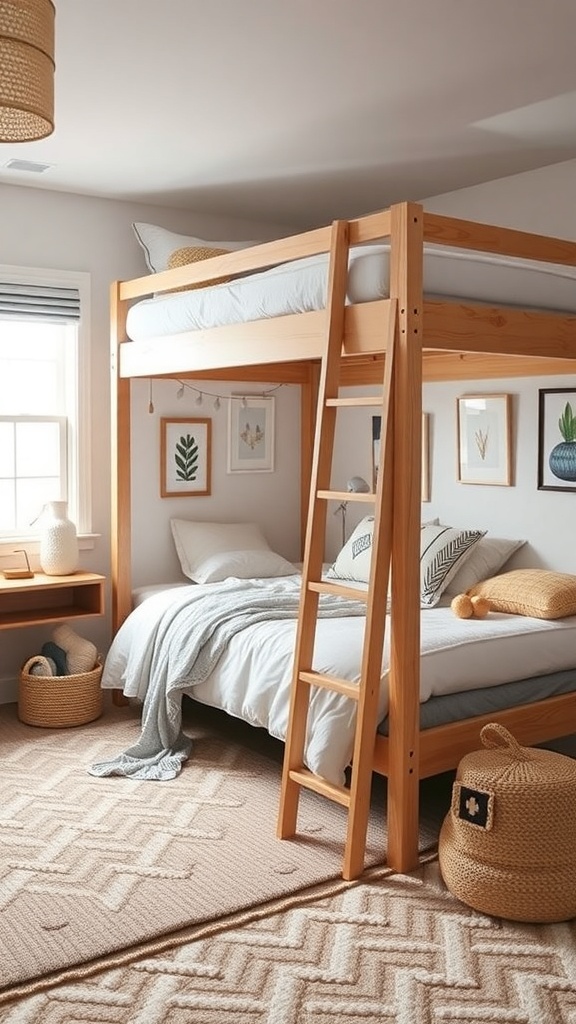 A stylish guest room featuring a loft bed with a cozy lower bed, wooden frame, and warm decor.
