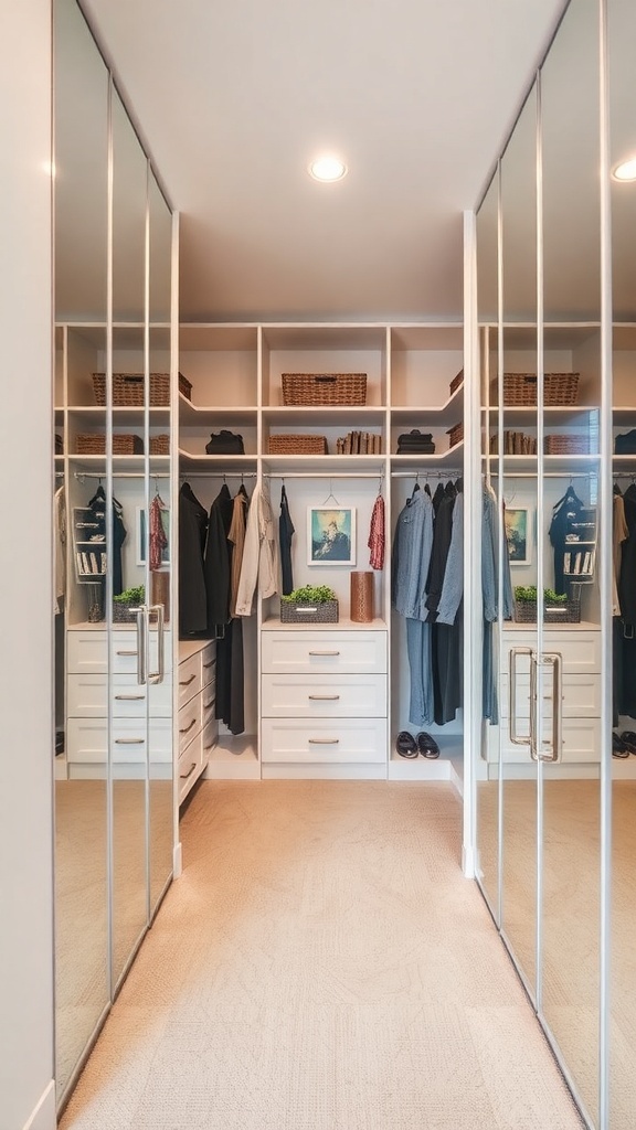 A walk-in closet featuring mirrored doors, bright lighting, and organized shelves.