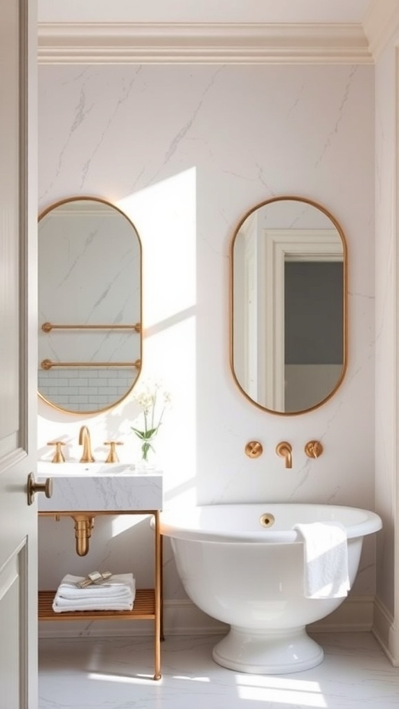 A stylish bathroom featuring two round mirrors with gold frames, a white bathtub, and a marble sink.