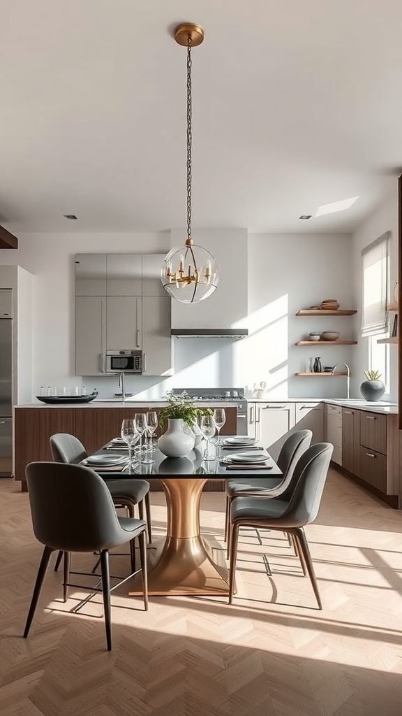 A modern kitchen and dining area with a stylish table and chairs, showcasing a bright and inviting atmosphere.