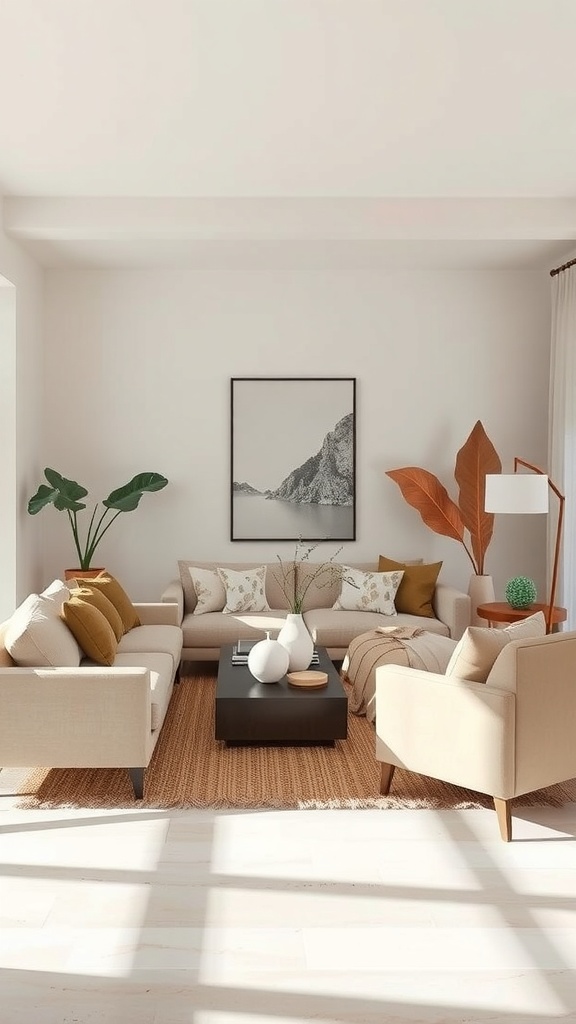 A cozy living room with natural elements and earthy tones.