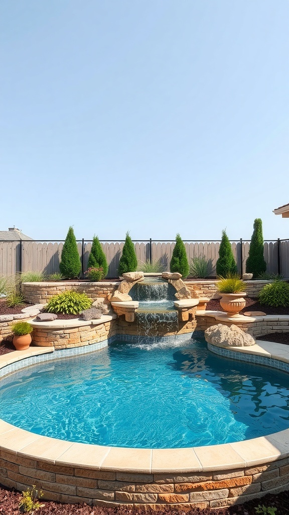 A sunken above-ground pool surrounded by natural stone and greenery, featuring a waterfall.