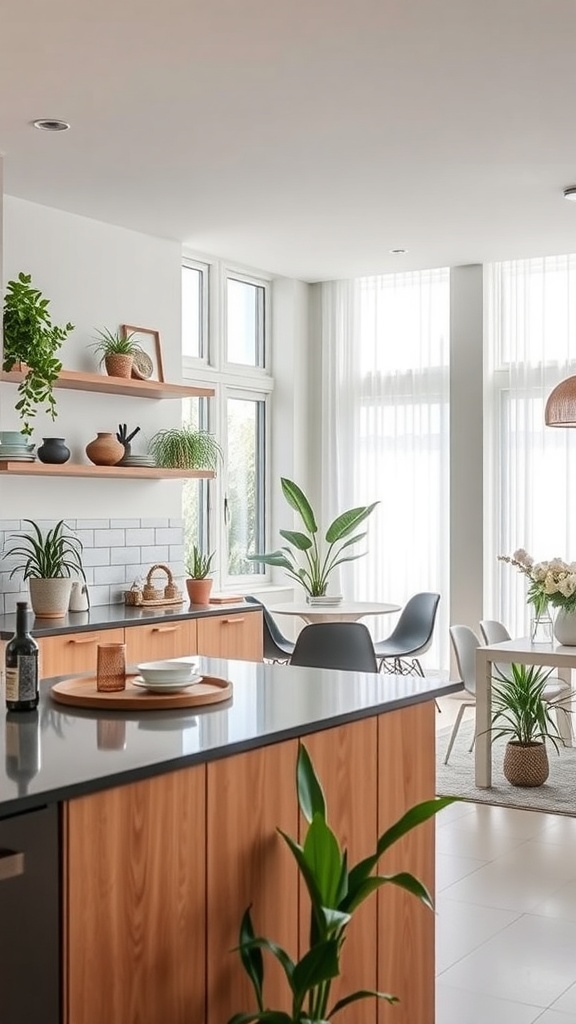 A modern kitchen with open shelving displaying plants and decorative items.