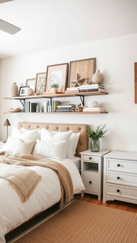 A cozy farmhouse bedroom featuring open shelving with decorative items and books.