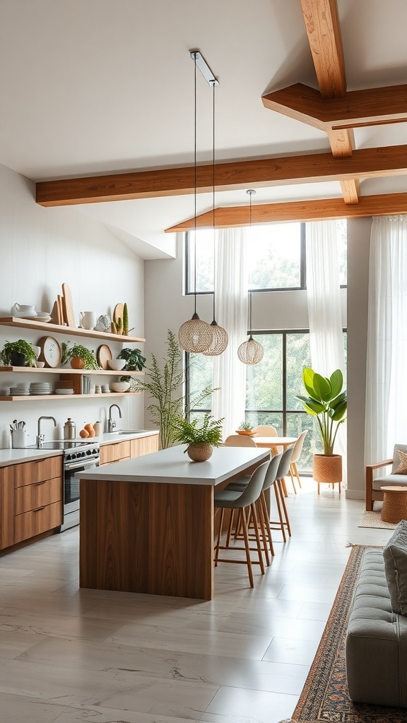 A modern kitchen featuring open shelving with dishware and plants, a central island, and large windows.