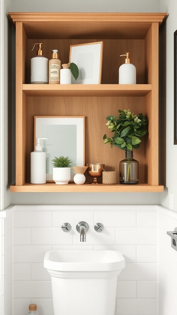 A minimalist bathroom with open wooden shelves displaying decorative items and plants.