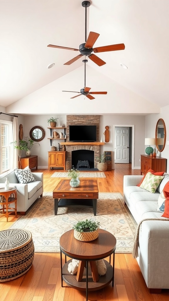 A spacious living room with two sofas, a coffee table, and plants, showcasing a rustic and boho style.