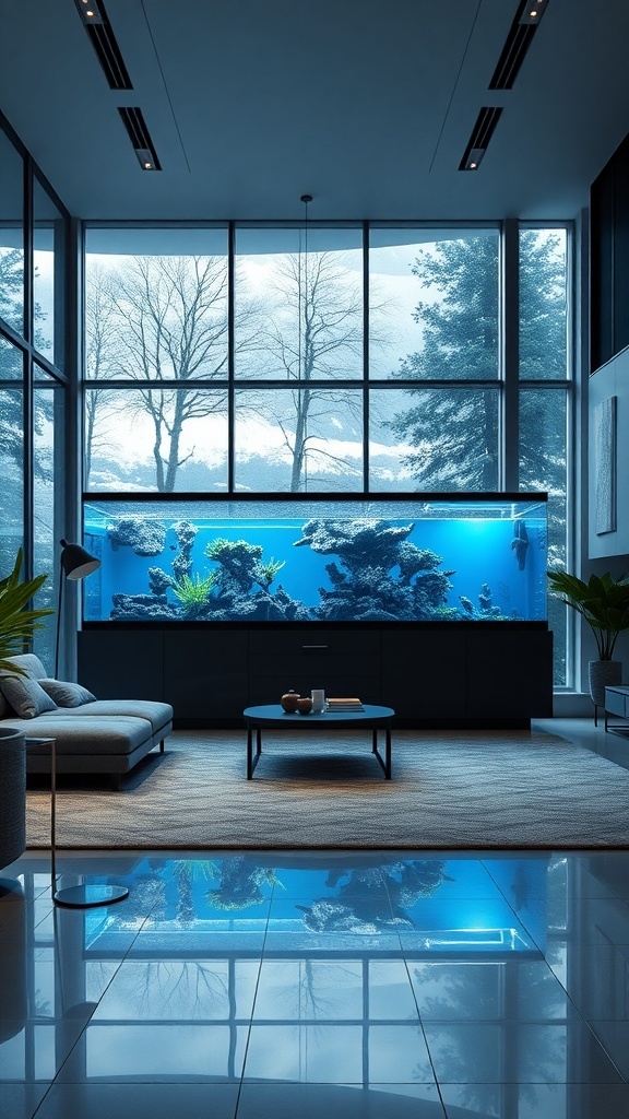 A modern aquarium in a stylish living room with large windows and contemporary furniture.