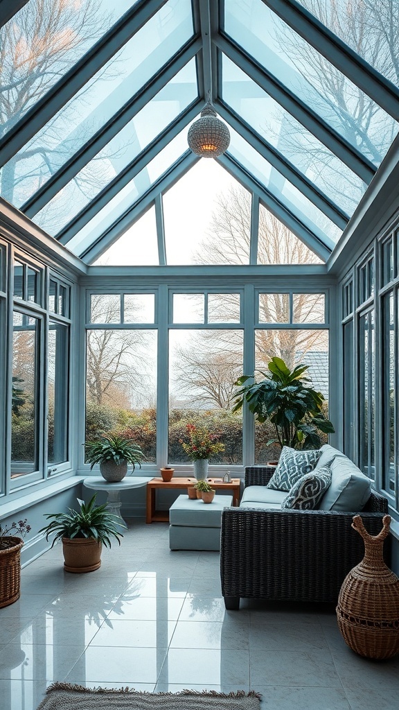 A bright and airy conservatory with large windows, plants, and comfortable seating.