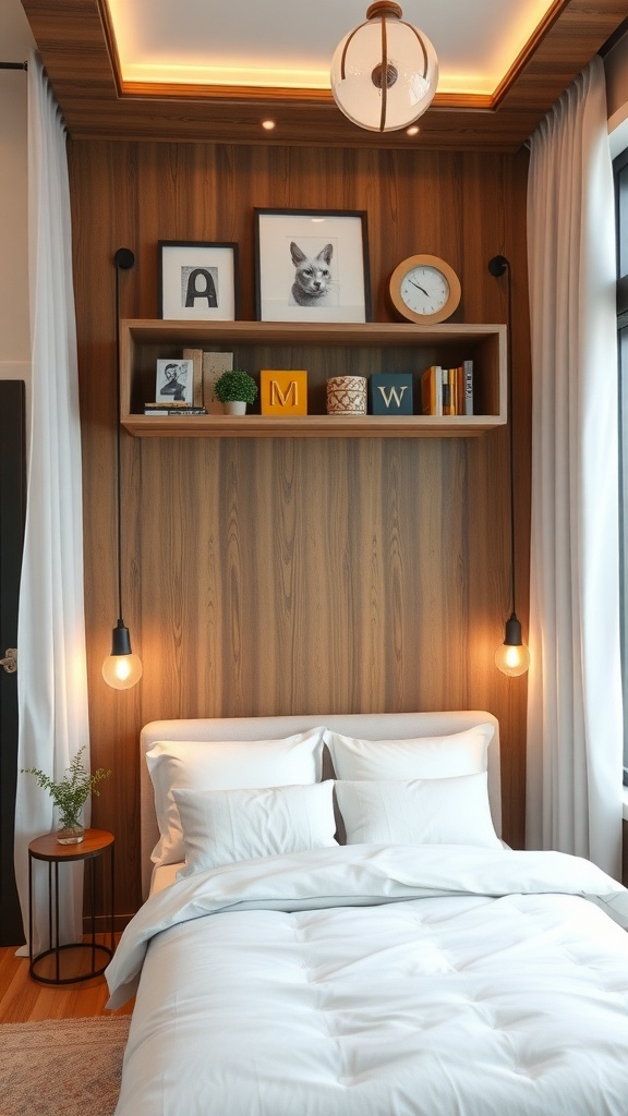 A small bedroom featuring a shelf above the doorway with decorative items and books.