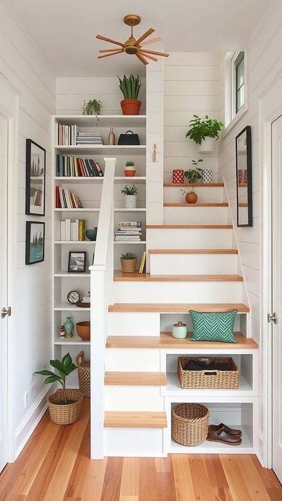 A stylish staircase with built-in shelves and storage, featuring plants and decorative items.