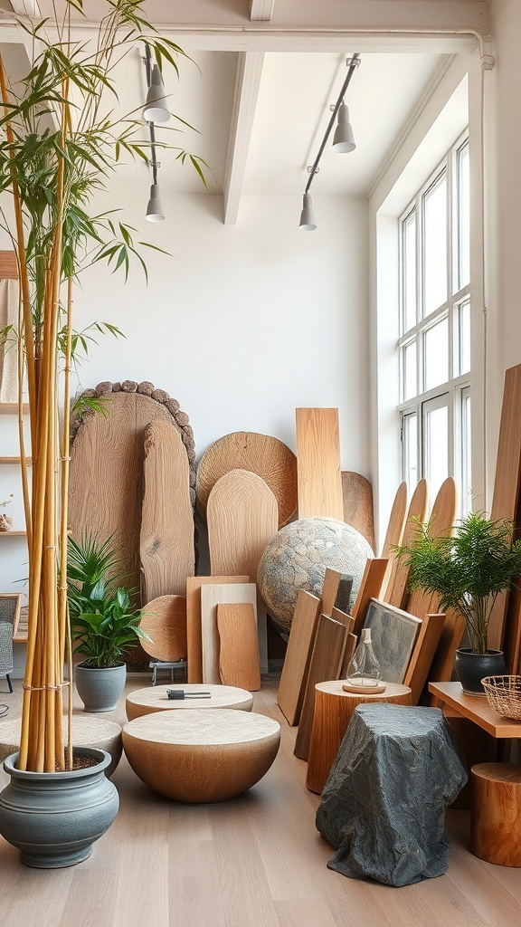 A collection of sustainable materials including wooden panels, stone pieces, and potted plants in a bright room.