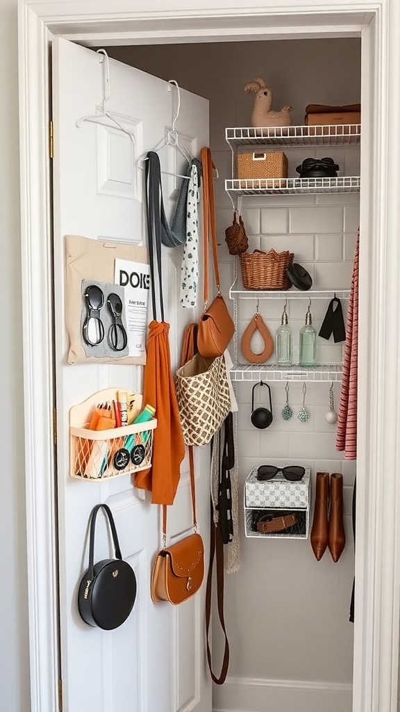 A closet door with various items organized on the back, including bags, accessories, and storage baskets.