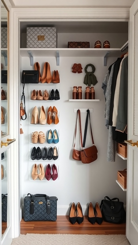A well-organized closet showcasing shoes and bags on the back of the door.
