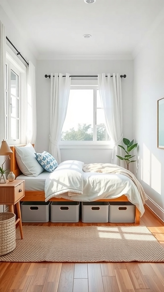 A cozy small bedroom with a bed featuring under-bed storage boxes, bright curtains, and a warm rug.