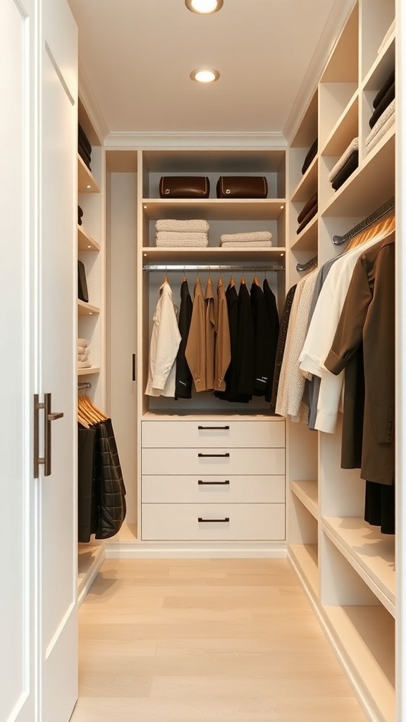 A well-organized walk-in closet featuring shelves, hanging areas, and drawers, maximizing vertical space.