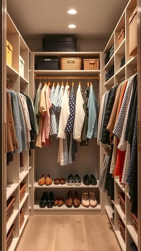 A well-organized walk-in closet featuring hanging clothes, shelves, and shoes.