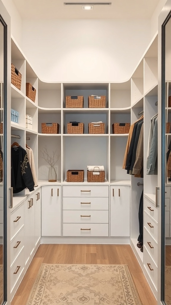 A well-organized walk-in closet featuring tall shelves, woven baskets, and hanging clothes.