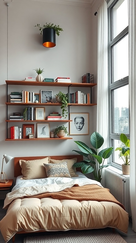 A cozy bedroom featuring vertical shelves filled with books, plants, and framed art, showcasing effective use of vertical space.