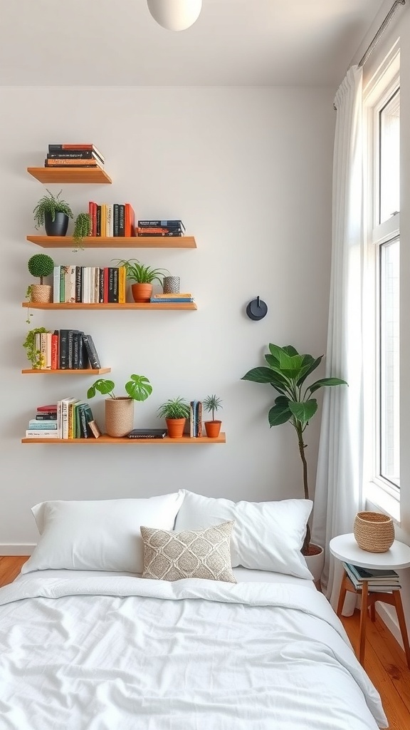 A cozy bedroom with vertical shelving displaying books and plants, creating a warm atmosphere.