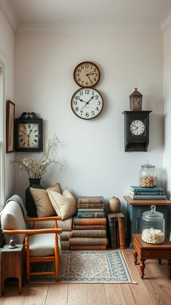 A cozy corner with vintage clocks, a rocking chair, stacked books, and decorative jars.