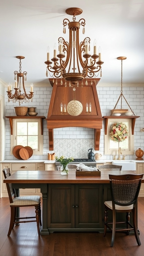 A cozy farmhouse kitchen featuring vintage lighting fixtures, including a large chandelier and two smaller chandeliers, enhancing the rustic charm.