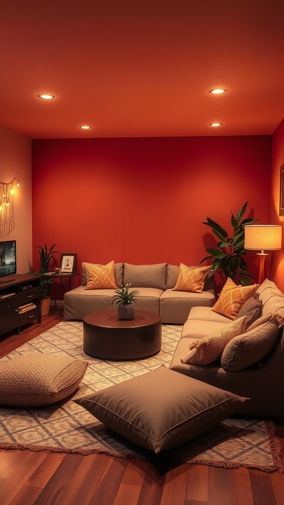 Cozy sunken lounge with warm red walls, soft lighting, and comfortable cushions.