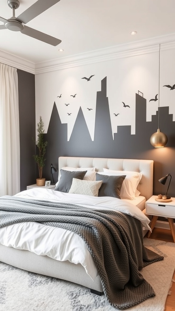 A cozy bedroom featuring a wall with decorative text decals, complemented by a neatly made bed and soft lighting.