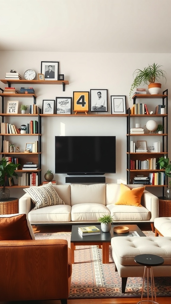 A stylish living room with wall-mounted shelves displaying books, plants, and decorative items.