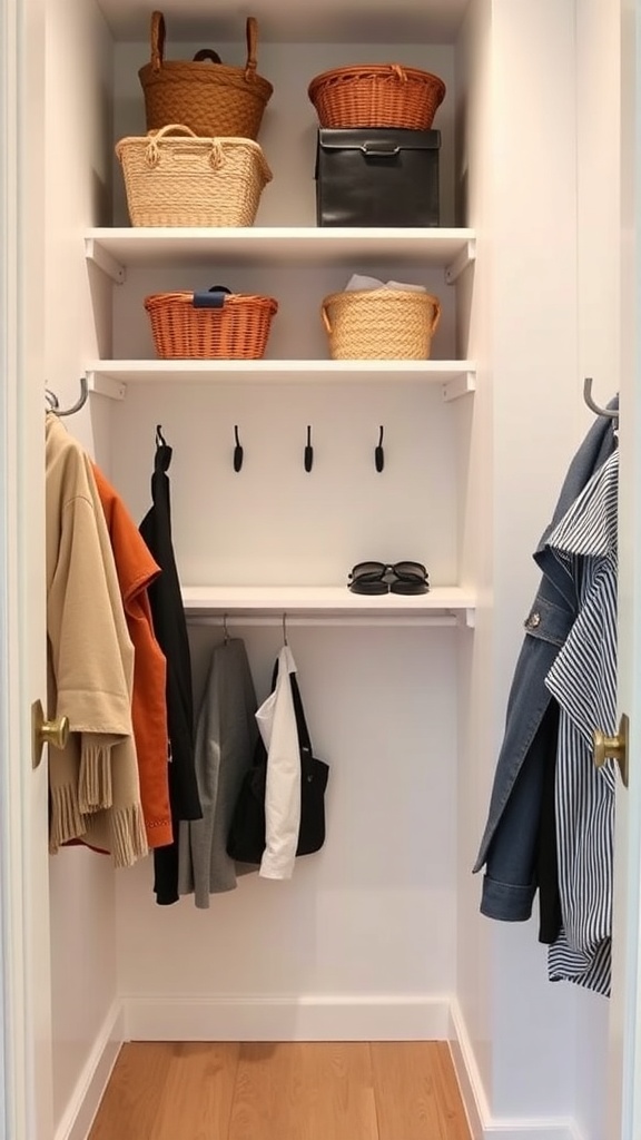 A small closet with shelves holding baskets and hooks for hanging clothes.