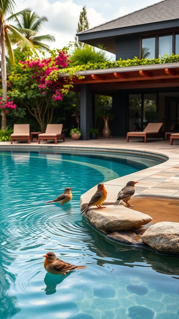 Vögel am Naturpool mit Wasserstellen und Futter