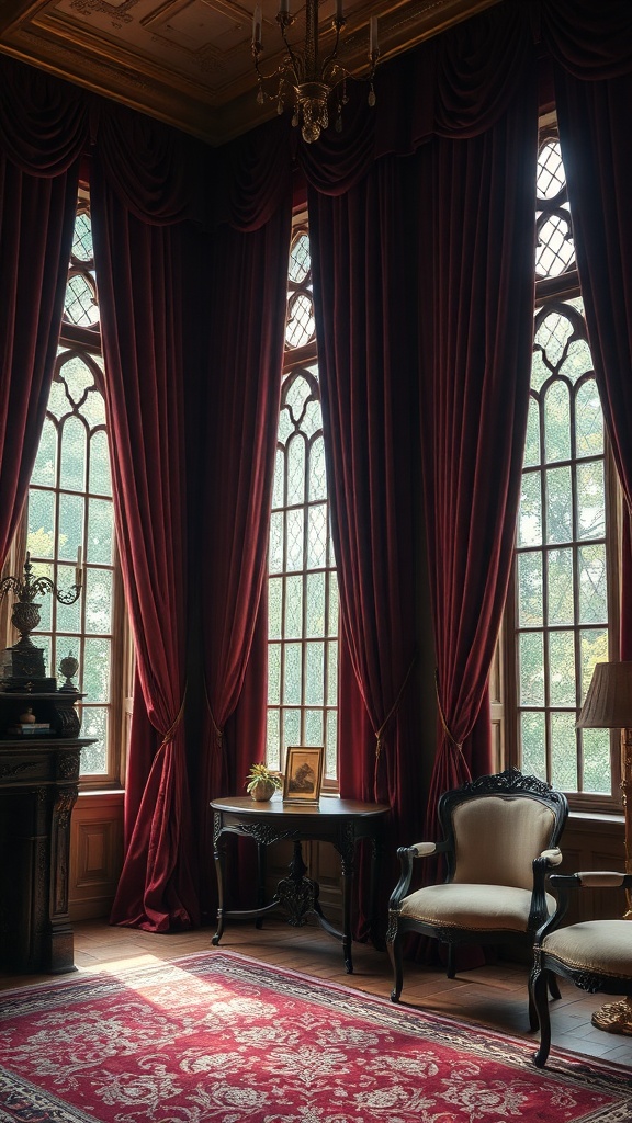 Luxurious velvet drapes in a regal interior setting.