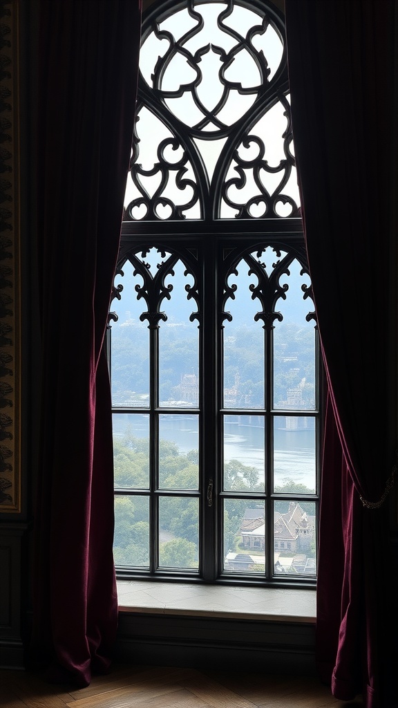 A gothic-style window with elegant velvet drapes framing the view outside.