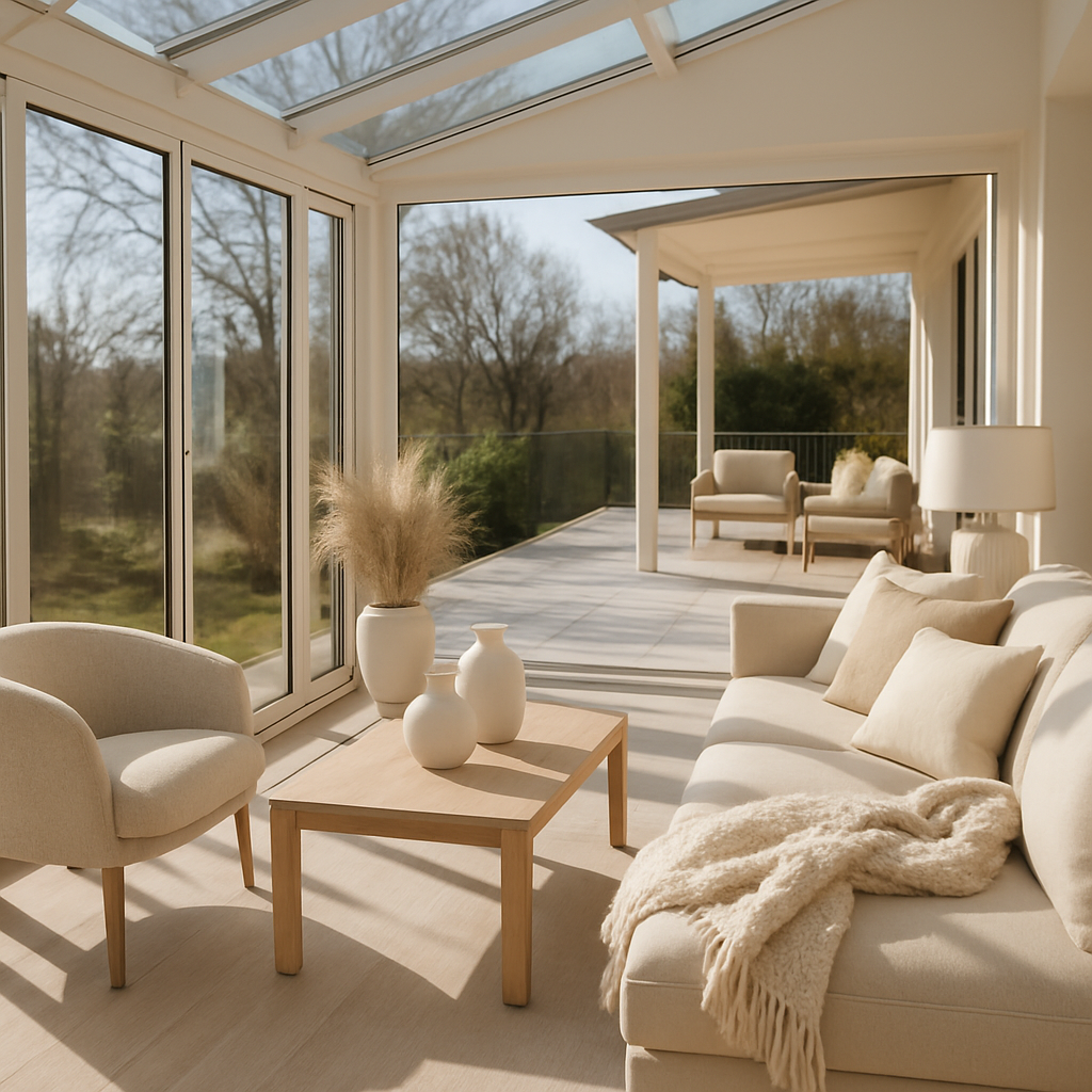 Helle und einladende Veranda mit großen Fenstern, modernem Sofa und natürlicher Einrichtung
