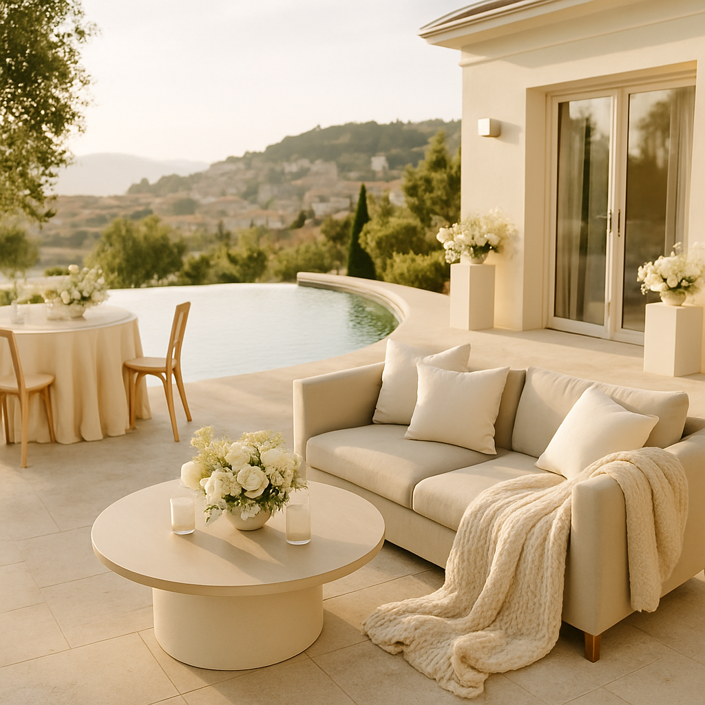 Elegante Terrasse mit Blick auf einen Naturpool, ideal für Veranstaltungen.