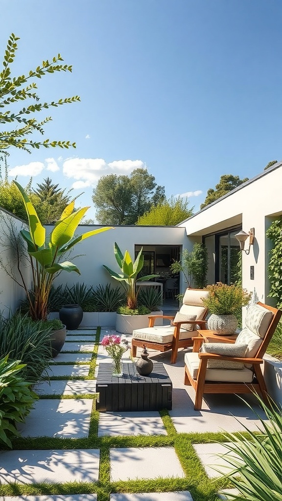 Ein moderner Gartenbereich mit bequemen Stühlen, einem Tisch und üppigen Pflanzen.