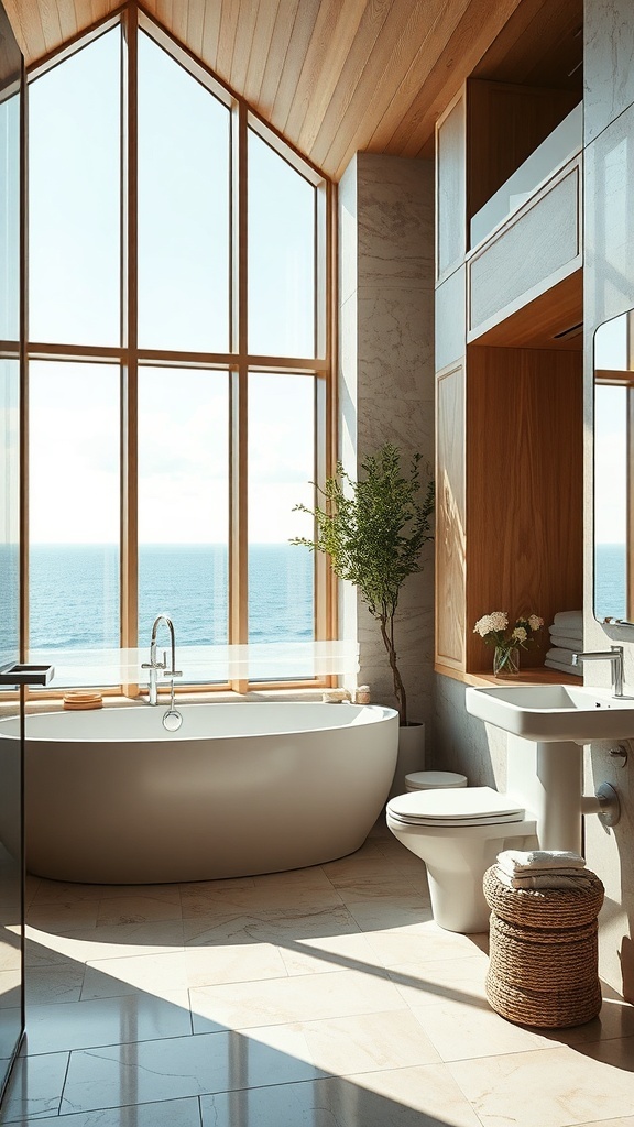 Luxuriöses Japandi-Badezimmer mit großen Fenstern und freistehender Badewanne