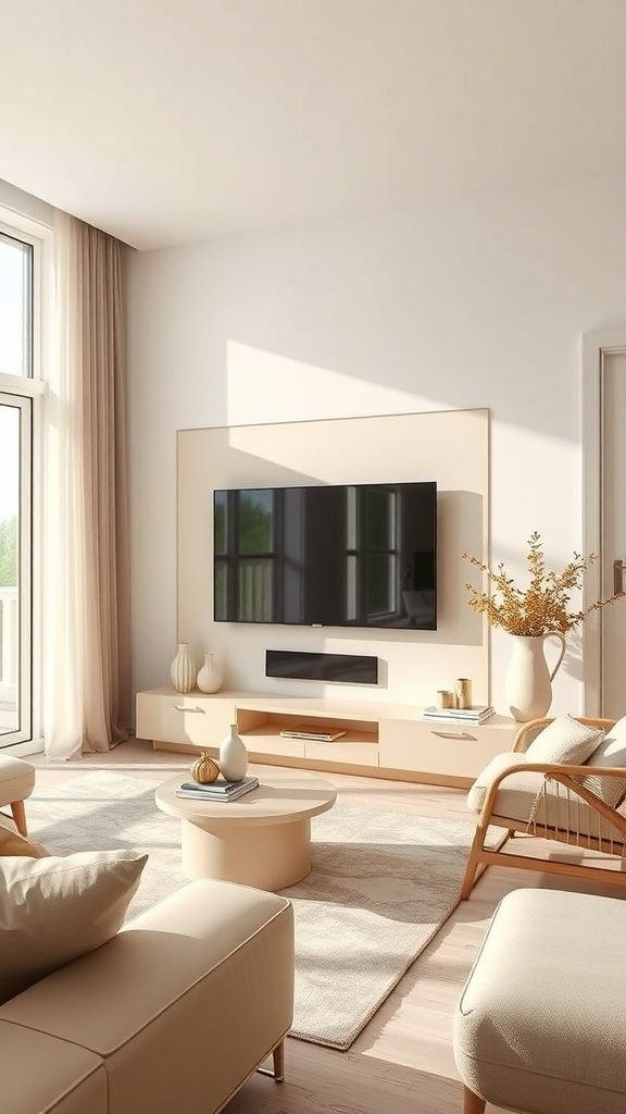 Modern living room with a sleek TV wall design and cozy furniture