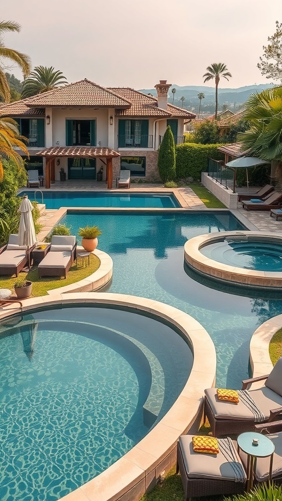 Ein schöner Naturpool mit geschwungenen Formen und verschiedenen Ebenen, umgeben von Pflanzen und Liegen.