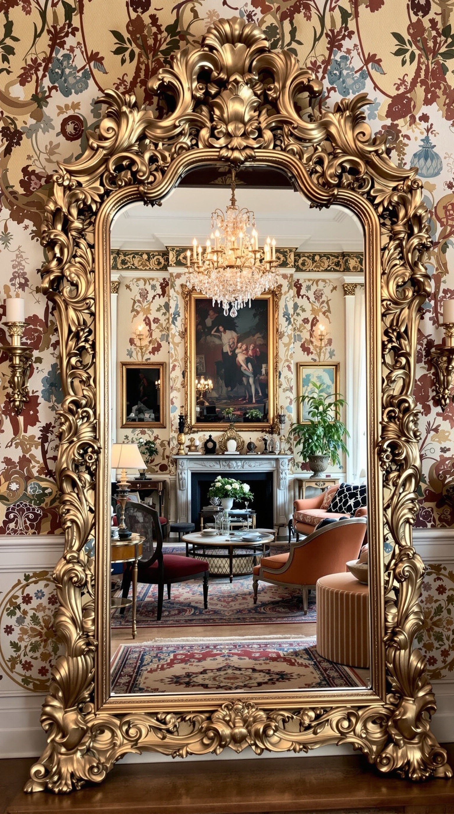 Ein luxuriöser Raum mit einem großen, verschnörkelten Spiegel und eleganter Einrichtung.