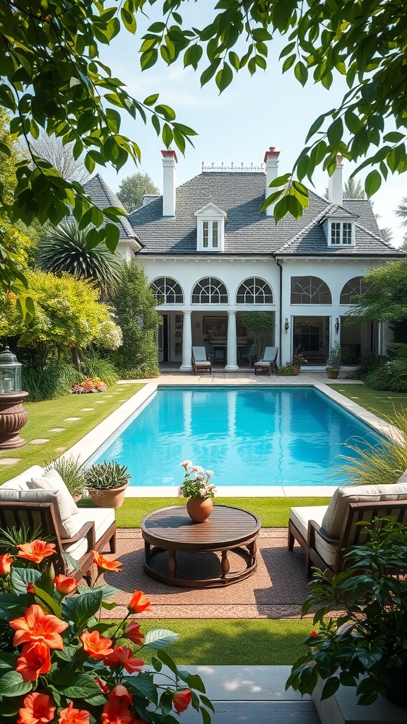 Ein schöner Garten mit einem Pool, Liegen und bunten Blumen.