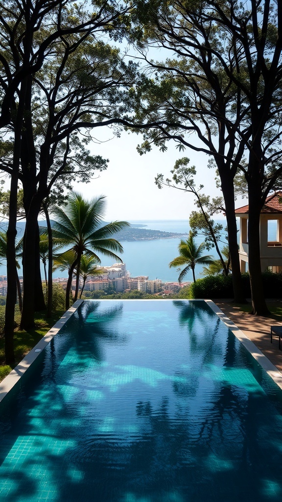 Infinity-Pool umgeben von Bäumen mit Blick auf das Wasser