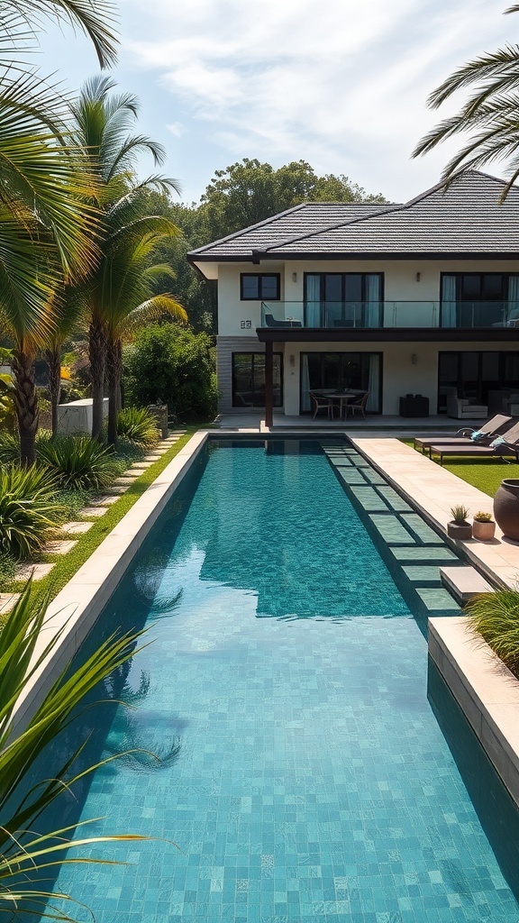 Ein versteckter Naturpool umgeben von Pflanzen und einem modernen Haus.