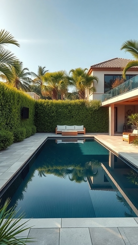 Ein moderner Pool umgeben von Palmen und einer grünen Hecke, mit einer Liege und einem stilvollen Ambiente.