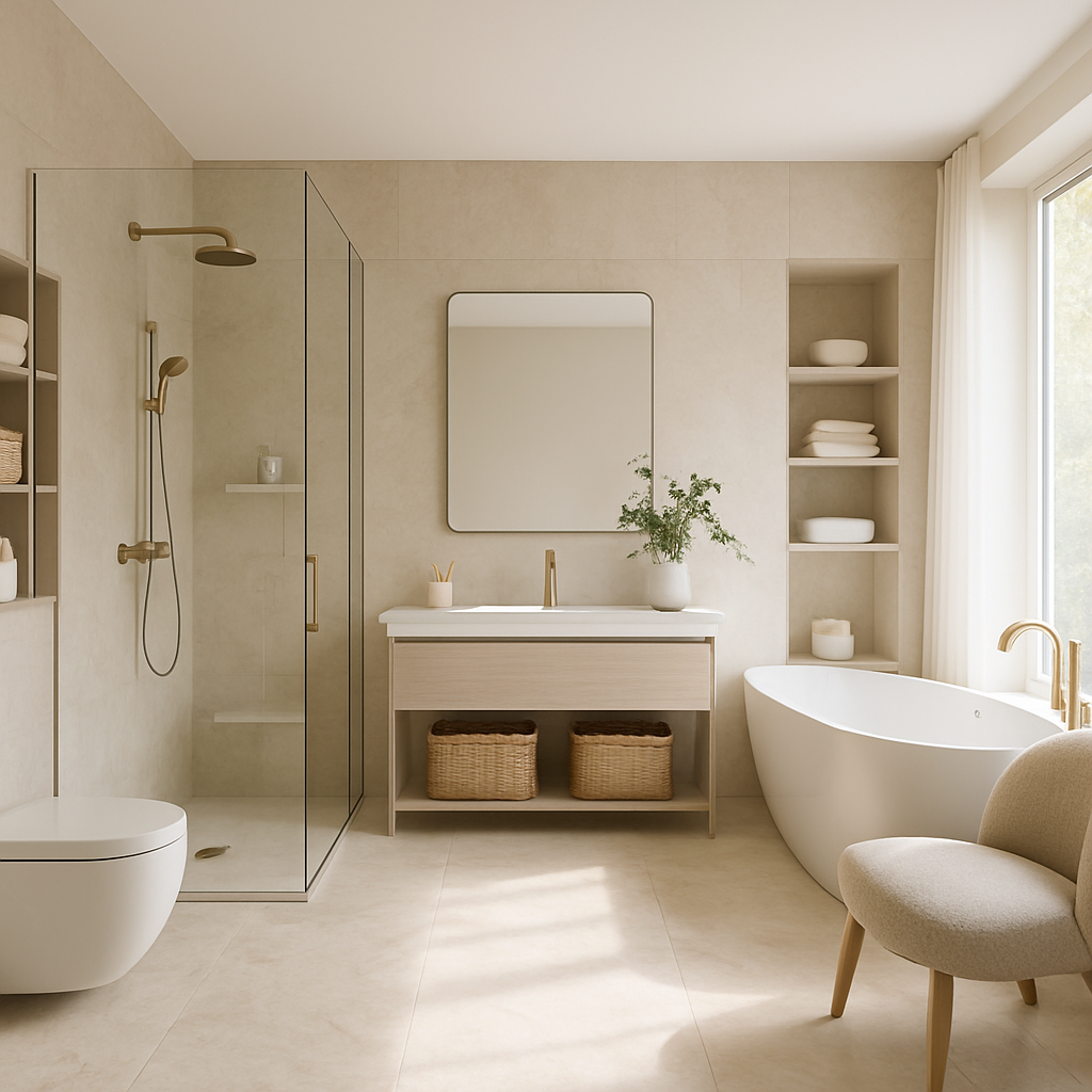 Modernes Badezimmer mit versteckten Stauraumlösungen, gläserner Duschkabine und freistehender Badewanne.