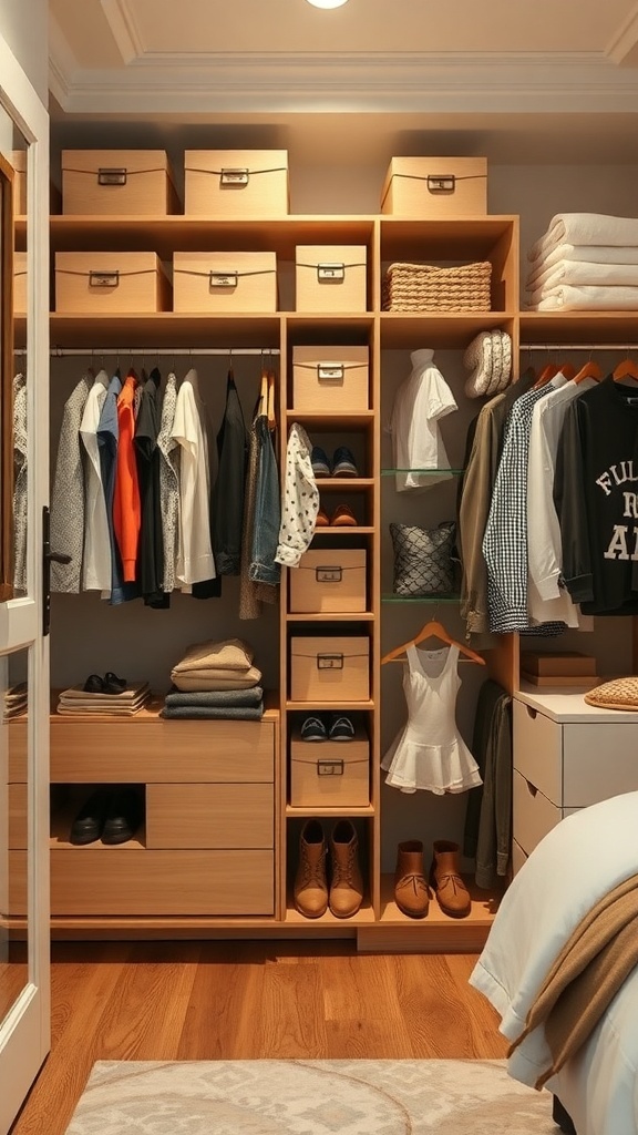 A well-organized vertical closet with shelves, boxes, and clothing neatly arranged.