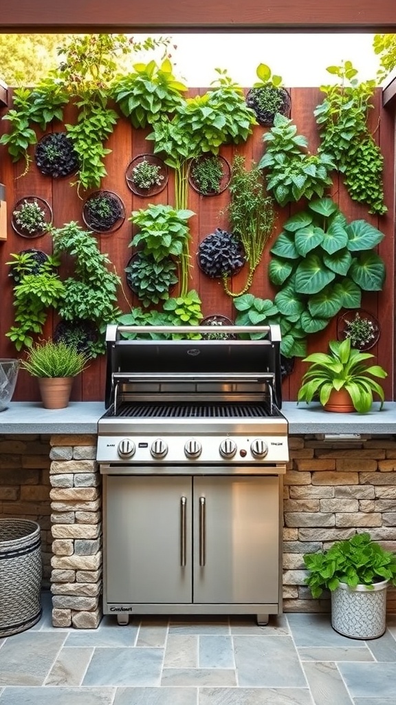 A modern outdoor grill setup with a vertical garden backdrop featuring various plants.