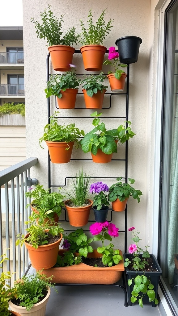 A vertical garden planter with multiple pots filled with colorful flowers and greenery, attached to a wall.