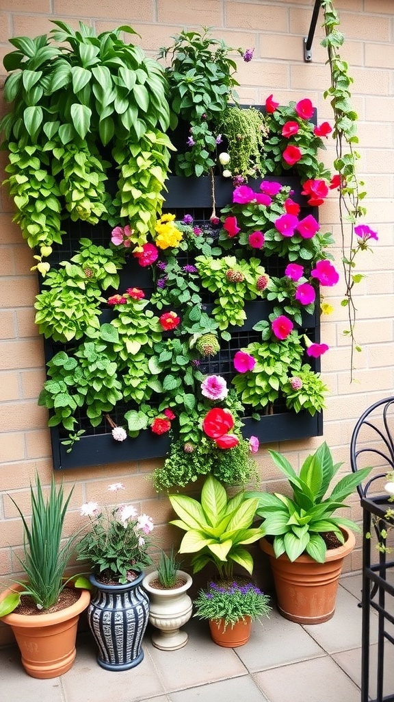 A vertical garden wall filled with colorful flowers and greenery, complemented by potted plants on the patio.